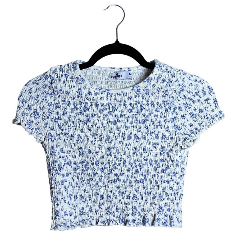 Hollister Womens Blue Floral Smocked Crop Top Short Sleeve Baby Tee Medium M